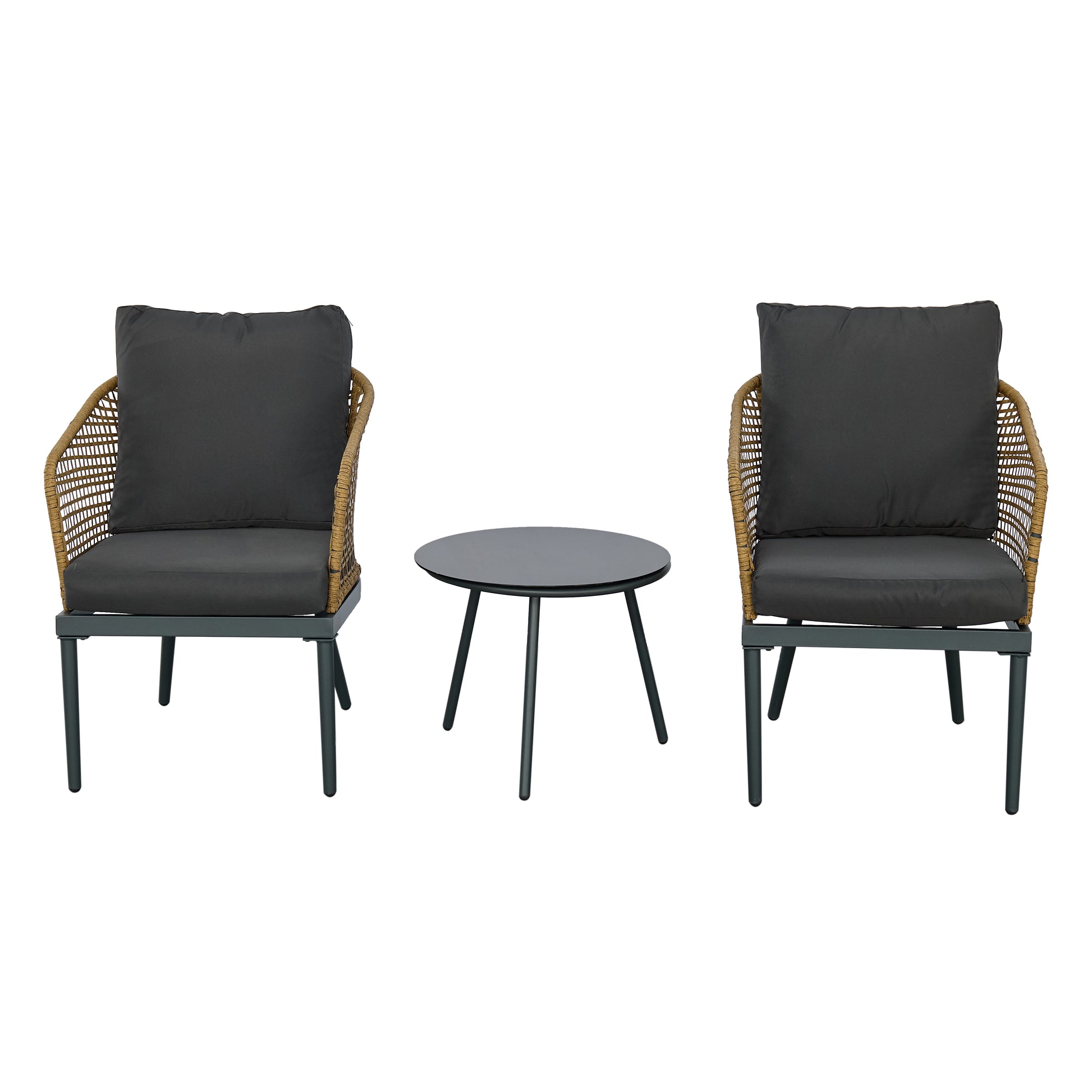 Outdoor Wicker Chairs And Table Bistro Conversation Furniture Set, 3 Pieces For Porch, Balcony, Deck, Patio, Backyard, Natural Color Gray Aluminum