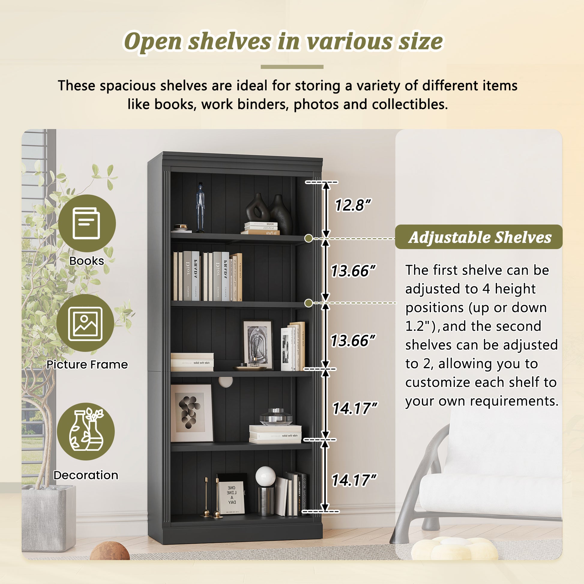 83.4" Tall Wood Bookcase With Light Strip,5 Tier Decor Bookshelves With Adjustable Shelves,Storage Organizer For Cds Books Movies,Free Standing Storage Shelves For Living Room,Home Office,Black