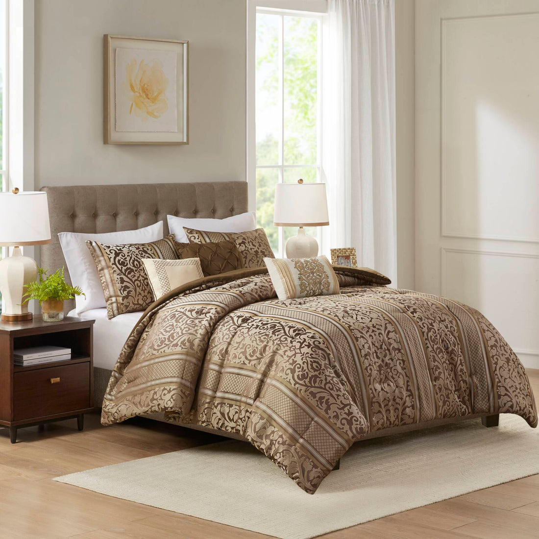 6 Piece Jacquard Comforter Set With Throw Pillows King Cal King Multicolor Polyester