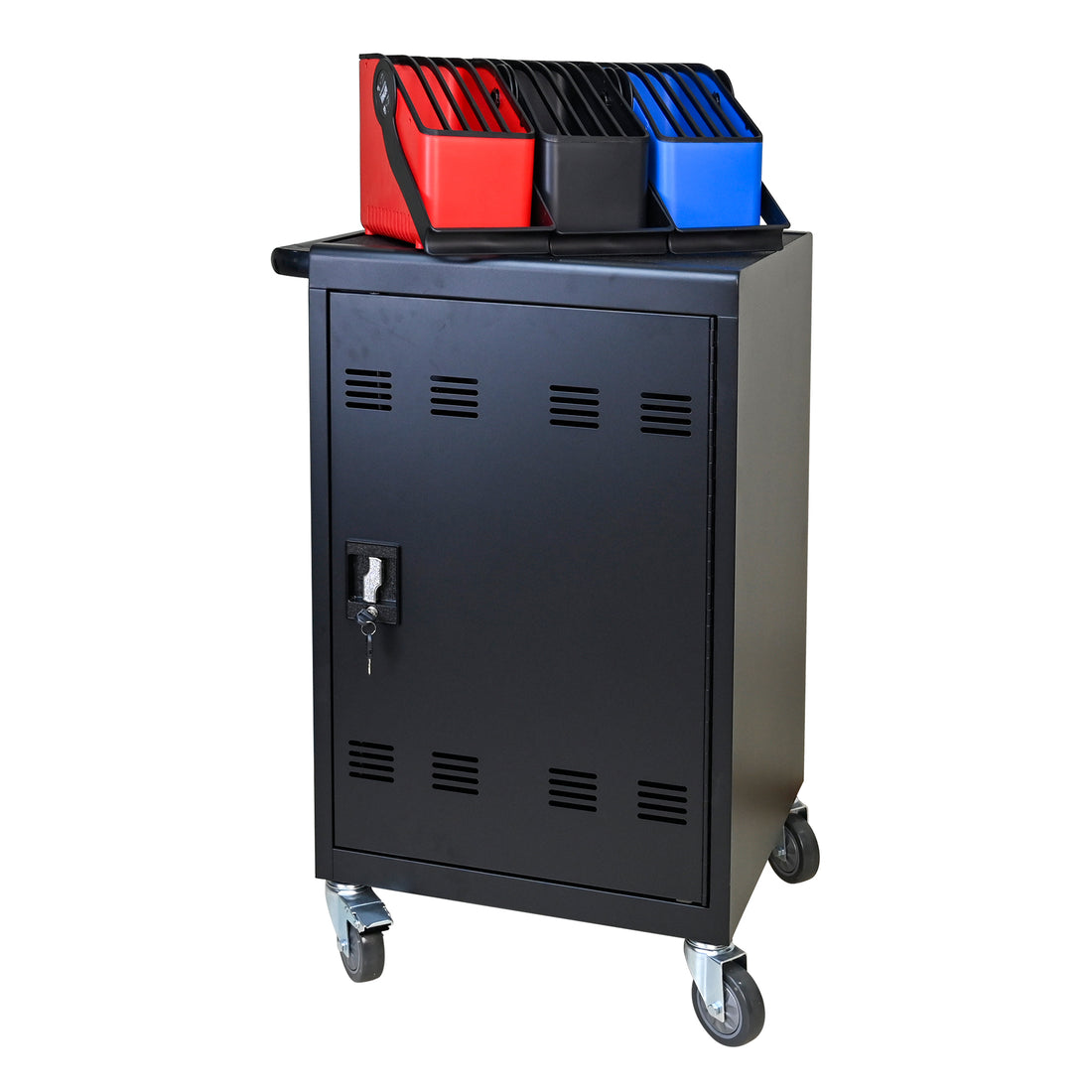 Tablet Laptop 32 Bit Plastic Device Basket Device For Mobile Charging Trolley Includes Cable Management Dividers, Cable Clips, Storage Compartment, And Removable Doors Black Matt Black Steel Metal