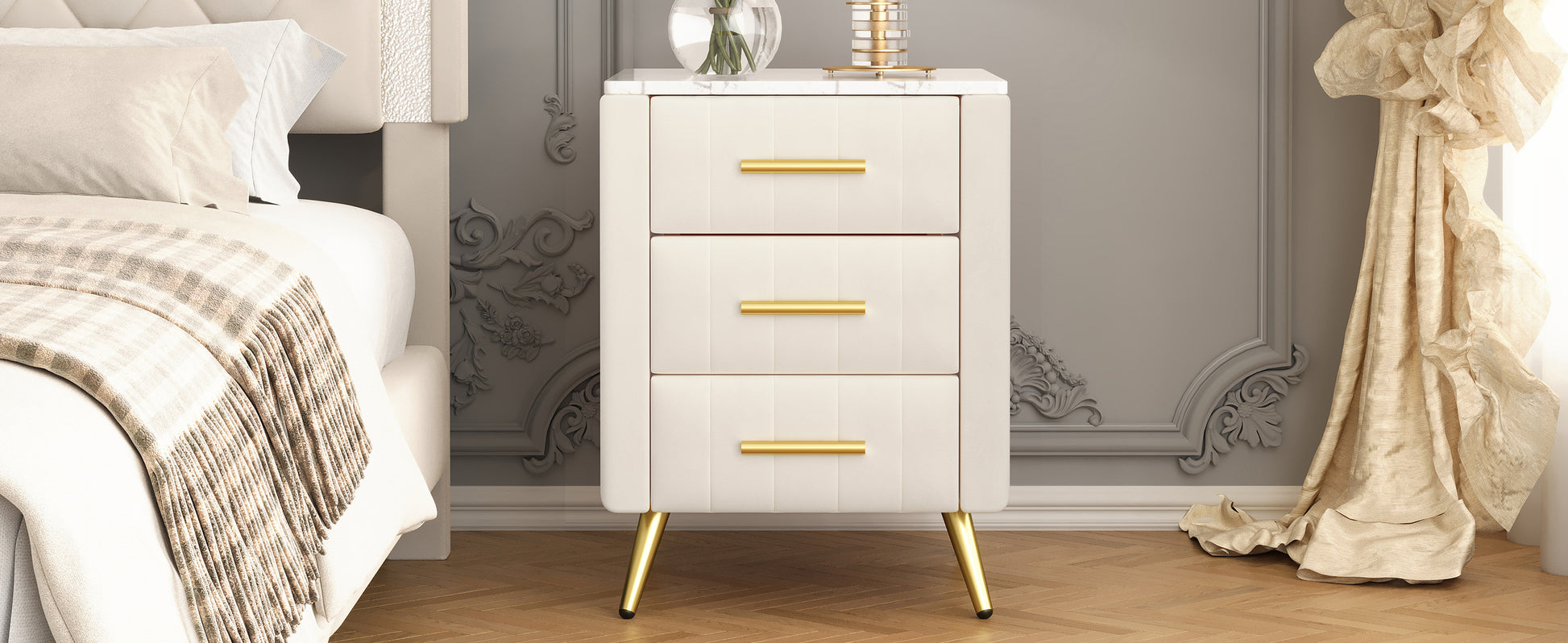 Upholstered Wooden Nightstand With 3 Drawers And Metal Legs&Handles, Bedside Table With Marbling Stickers Worktop Beige Beige Velvet