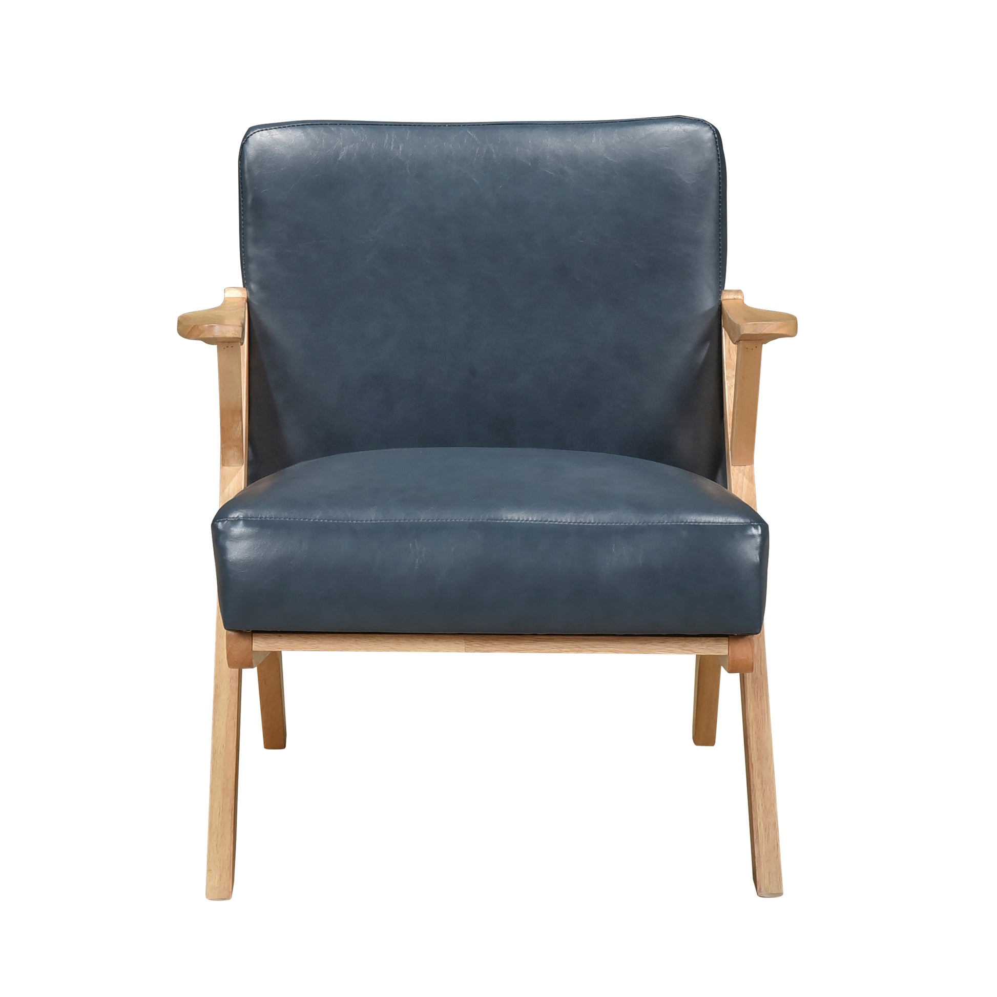 Natural Finish Solid Rubberwood Frame 1Pc Accent Chair Blue Faux Leather Upholstery Living Room Furniture Blue,Natural Primary Living Space Rubberwood Solid Wood