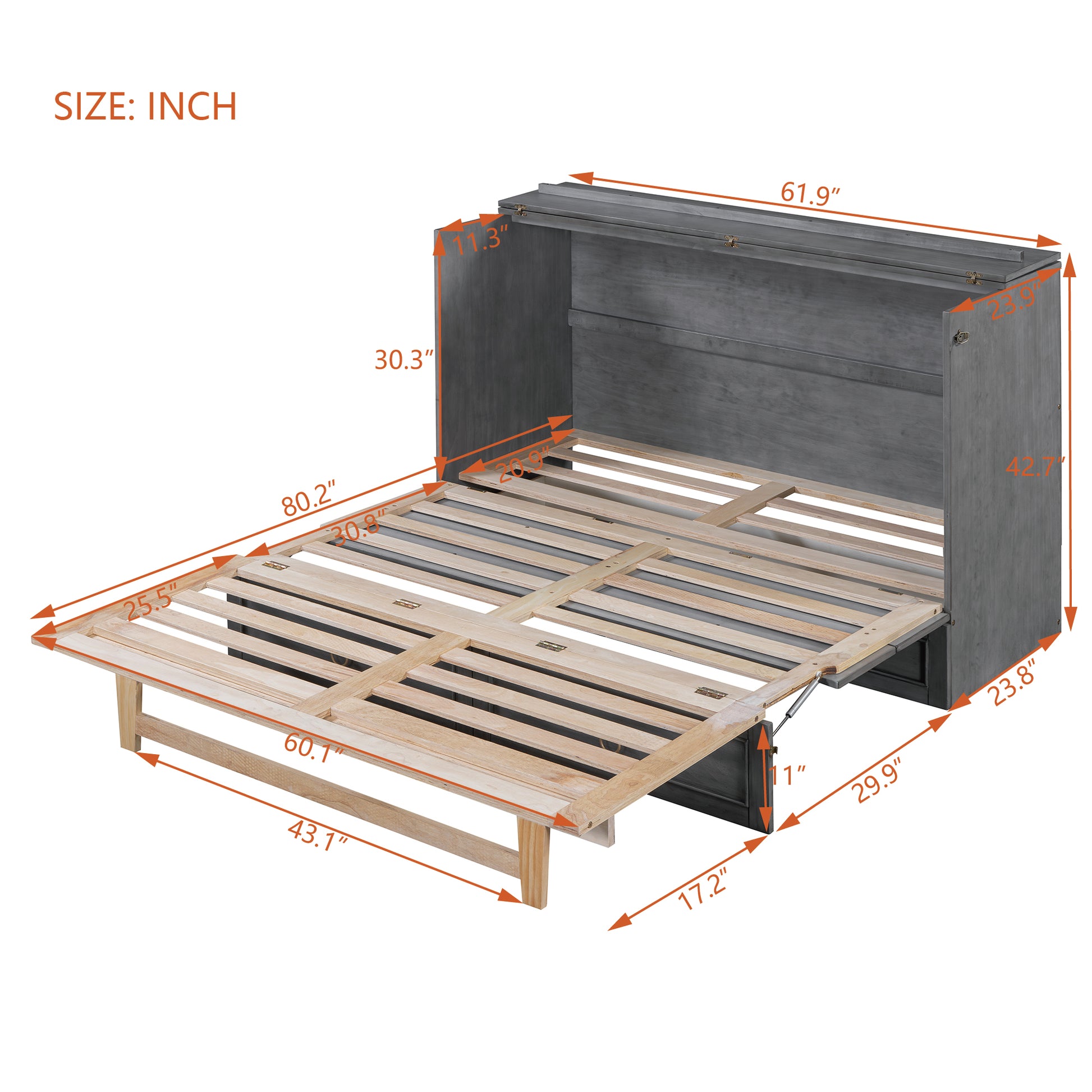 Queen Murphy Bed With Large Drawers,Gray Queen Gray Plywood