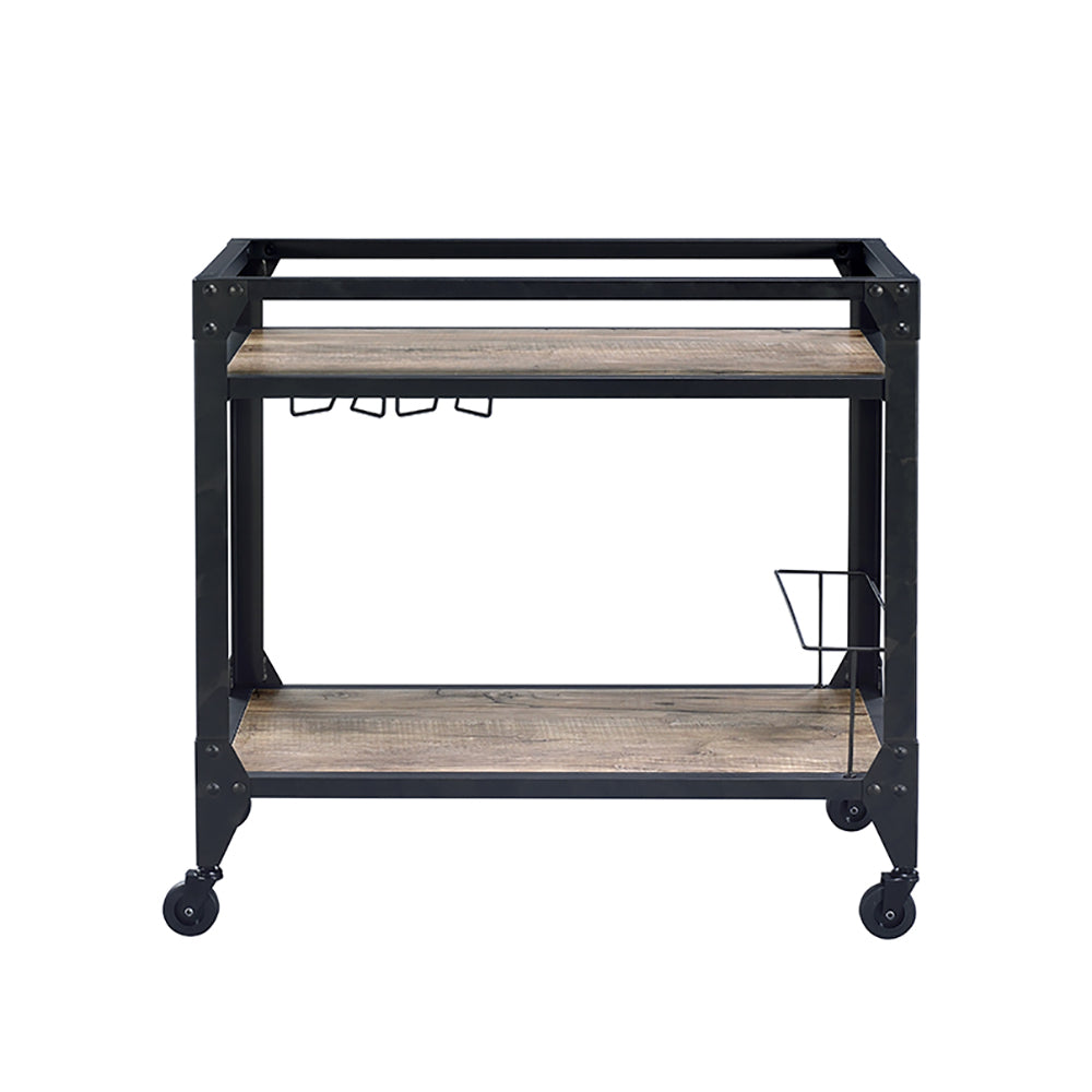 Rustic Oak And Charcoal 2 Shelf Serving Cart Natural Black Dining Room Industrial Rectangular Kitchen Carts Wood Metal