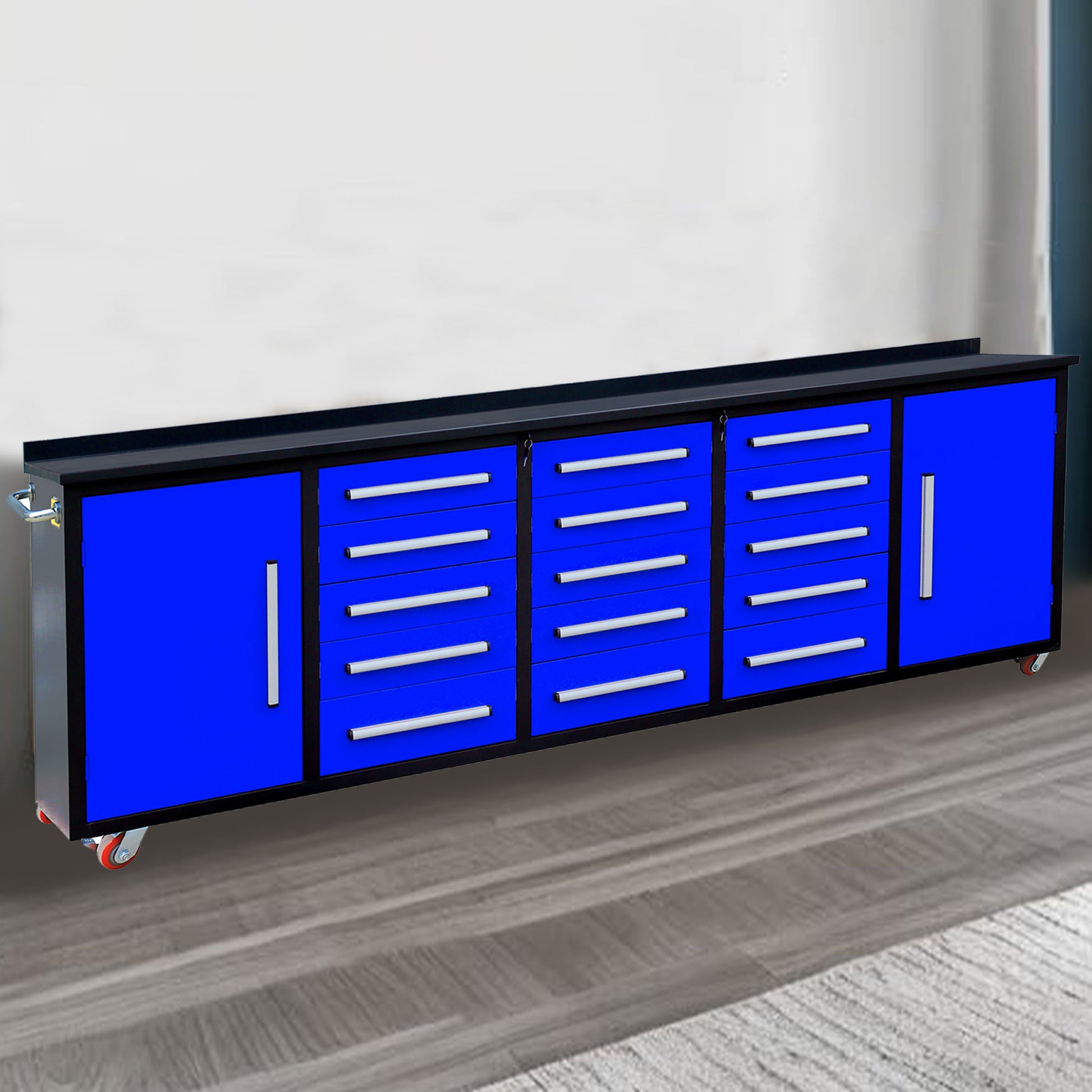 10Ft Storage Cabinet With Work Bench 15 Drawers & 2 Cabinets Blue Blue Steel