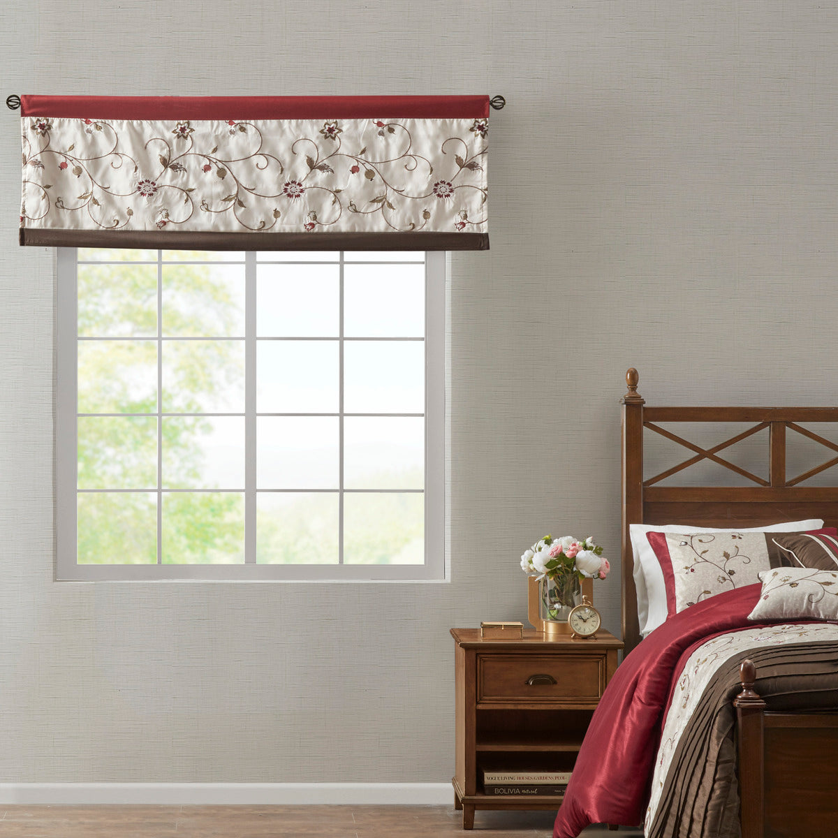 Embroidered Window Valance Red 50X18" Red Polyester