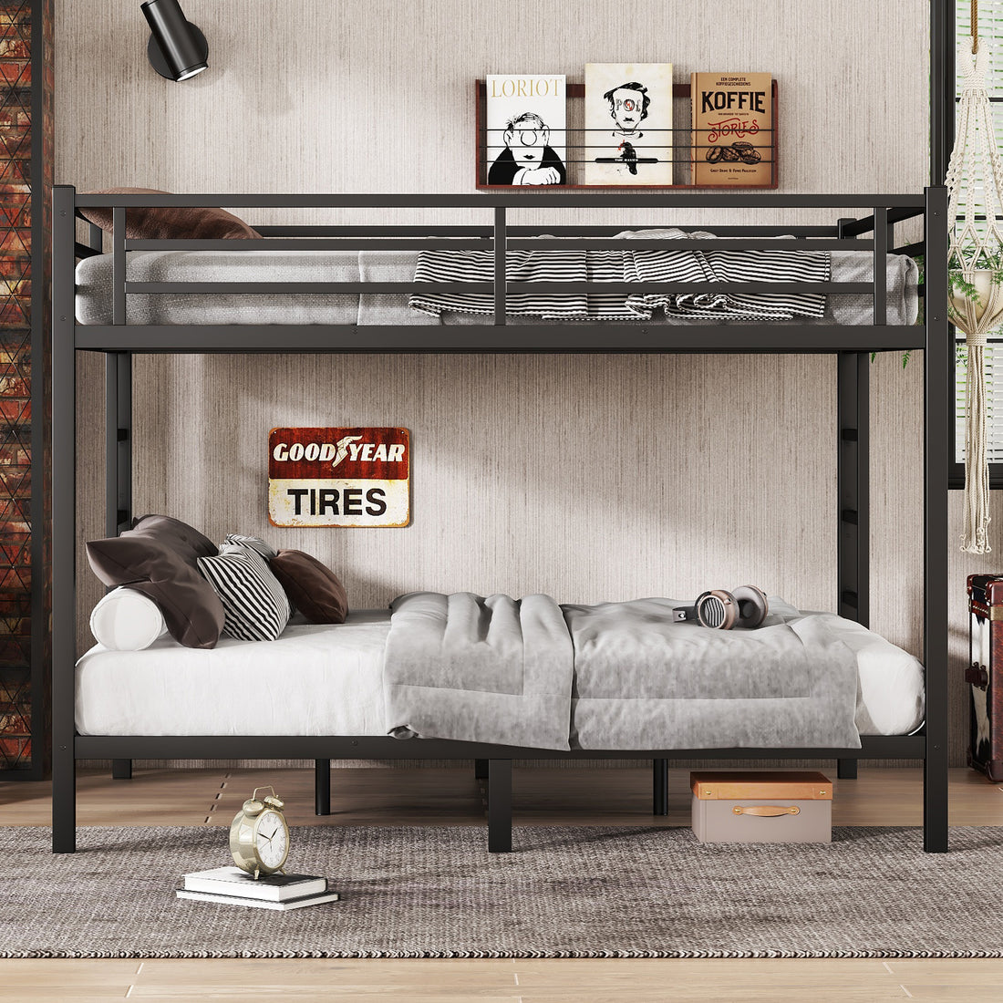 Metal Queen Over Queen Bunk Bed For Teens And Adults,Space Saving Noise Reduced No Box Spring Needed, Black Box Spring Not Required Queen Black Metal