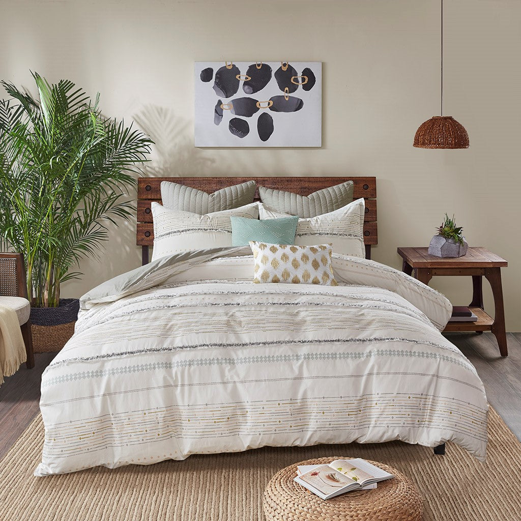 Cotton Printed Comforter Set With Trims Off White Gray King Cal King King Off White Gray Cotton