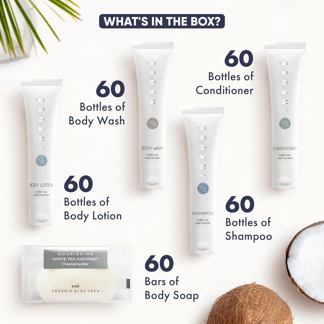 Infuse Pure White Tea And Coconut Hotel Soaps And Toiletries Bulk Set 1 Shoppe All In Kit For Hotels 1Oz Shampoo & Conditioner, Body Wash, Lotion & 1.25Oz Bar Soap Travel Size 300 Pieces White