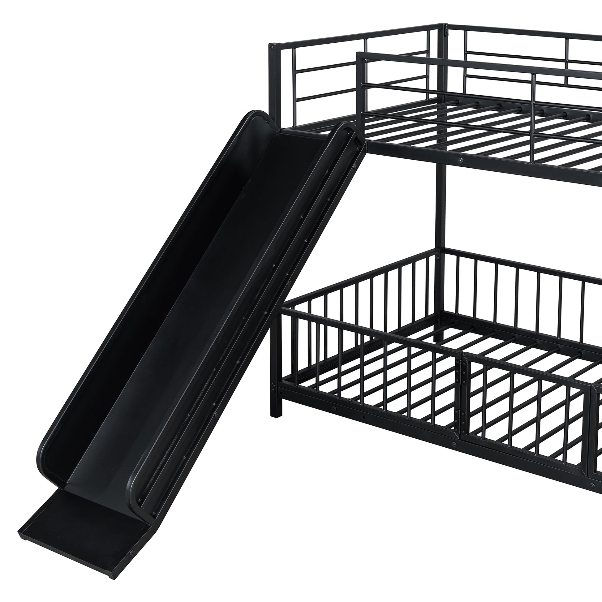Twin Over Twin Size Metal Bunk Bed With Slide And Guardrails, Black Twin Black Metal
