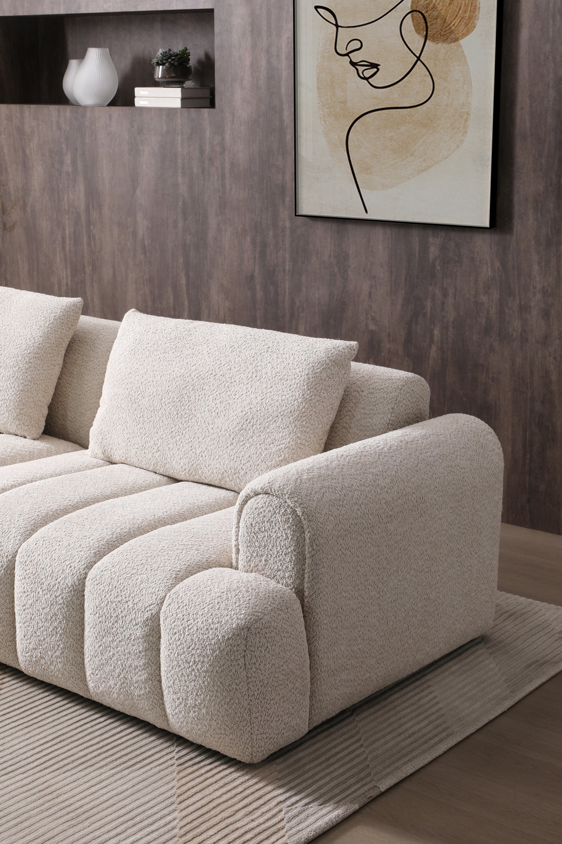 Modern Sectional Sofa, 4 Seater, Granular Fleece Velvet Upholstered Sofa Couch For Living Room Apartment Small Space, Beige Beige Polyester Wood Primary Living Space Medium Soft Cushion Back Modern Eucalyptus Foam Solid Wood 4 Seat