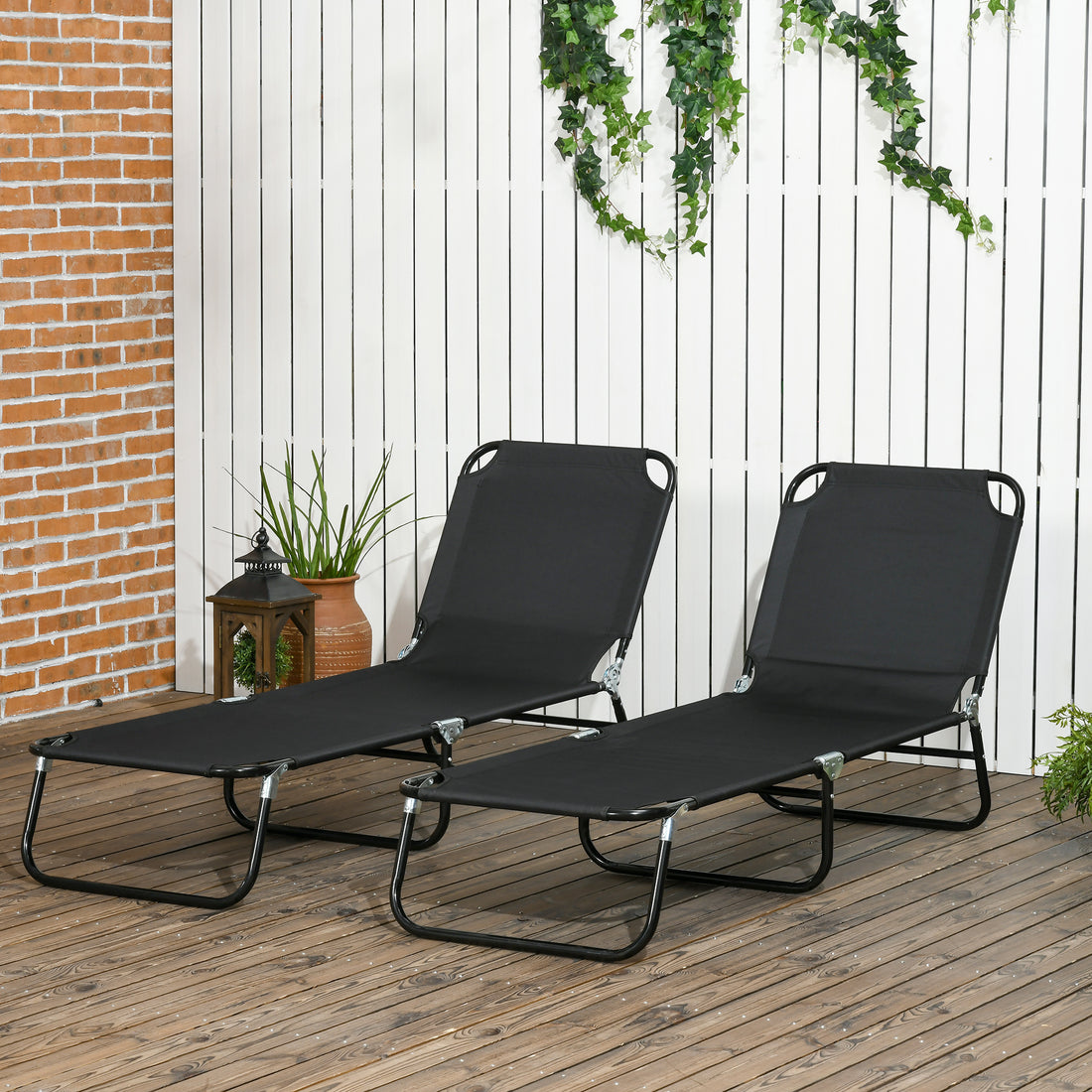 Outsunny 2 Piece Folding Chaise Lounge Pool Chairs, Outdoor Sun Tanning Chairs With 5 Level Reclining Back, Steel Frame For Beach, Yard, Patio, Black Black Steel