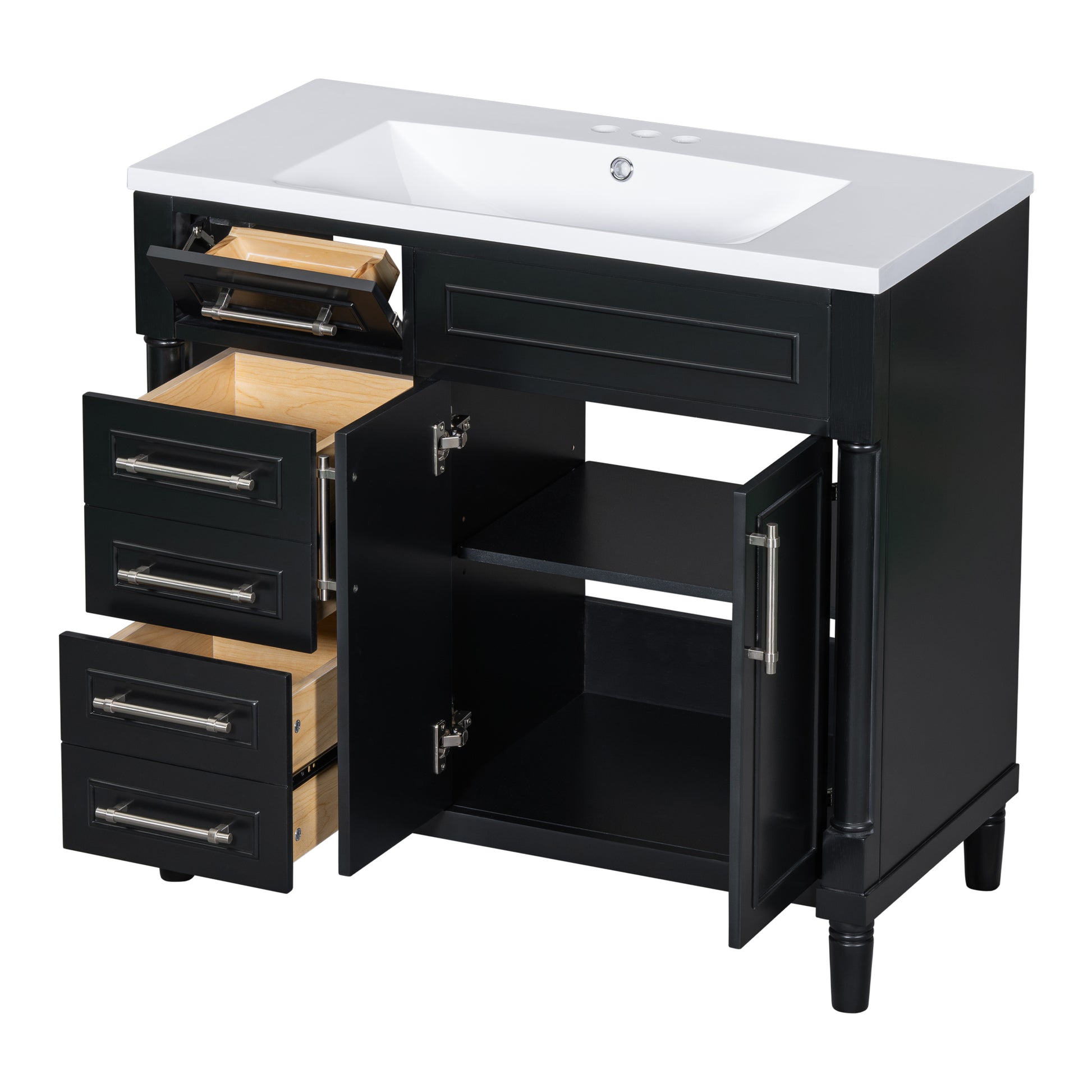 36'' Bathroom Vanity With Top Resin Sink, Freestanding Bathroom Storage Cabinet With 2 Drawers And A Tip Out Drawer, Solid Wood Frame Vanity Set, Height Adjustable Shelf Black Bathroom Solid Wood