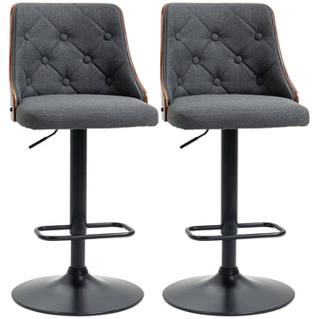 Homcom Counter Height Bar Stools Set Of 2, Height Adjustable Swivel Barstools With Footrest And Tufted Back, Linen Fabric Bar Chairs, Dark Grey Dark Grey Wood