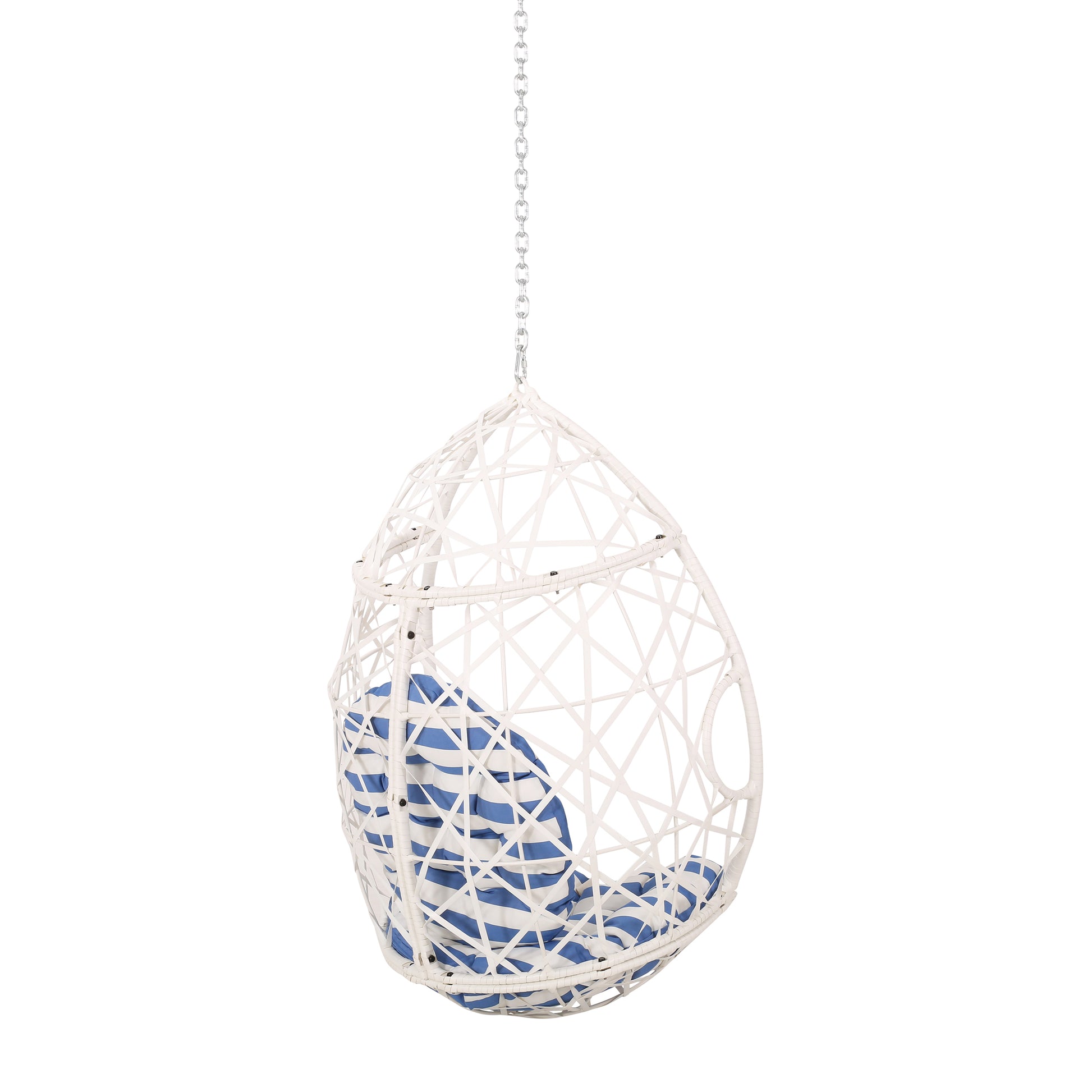 Los Alamitos Hanging Chair With 8Ft Chain White Blue Pe Rattan Iron Waterproof Fabric