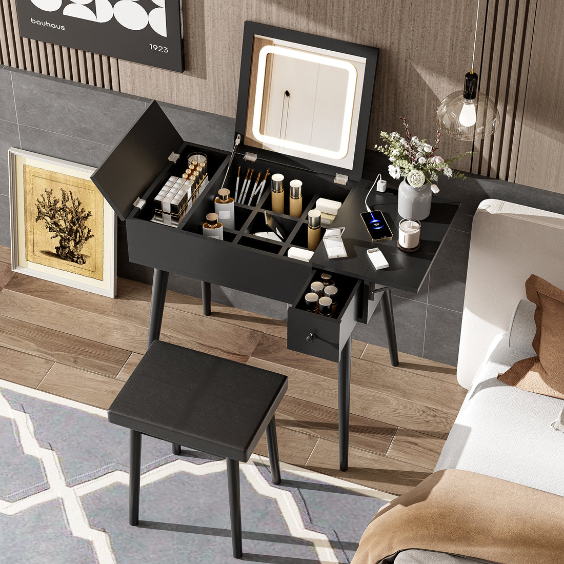 27.9'' Black Makeup Vanity Desk With Flip Top Mirror And Led Light, Dressing Table With Charging Station, 2 Drawers And Fold Up Panel, Vanity Set With Cushioned Stool For Bedroom Black