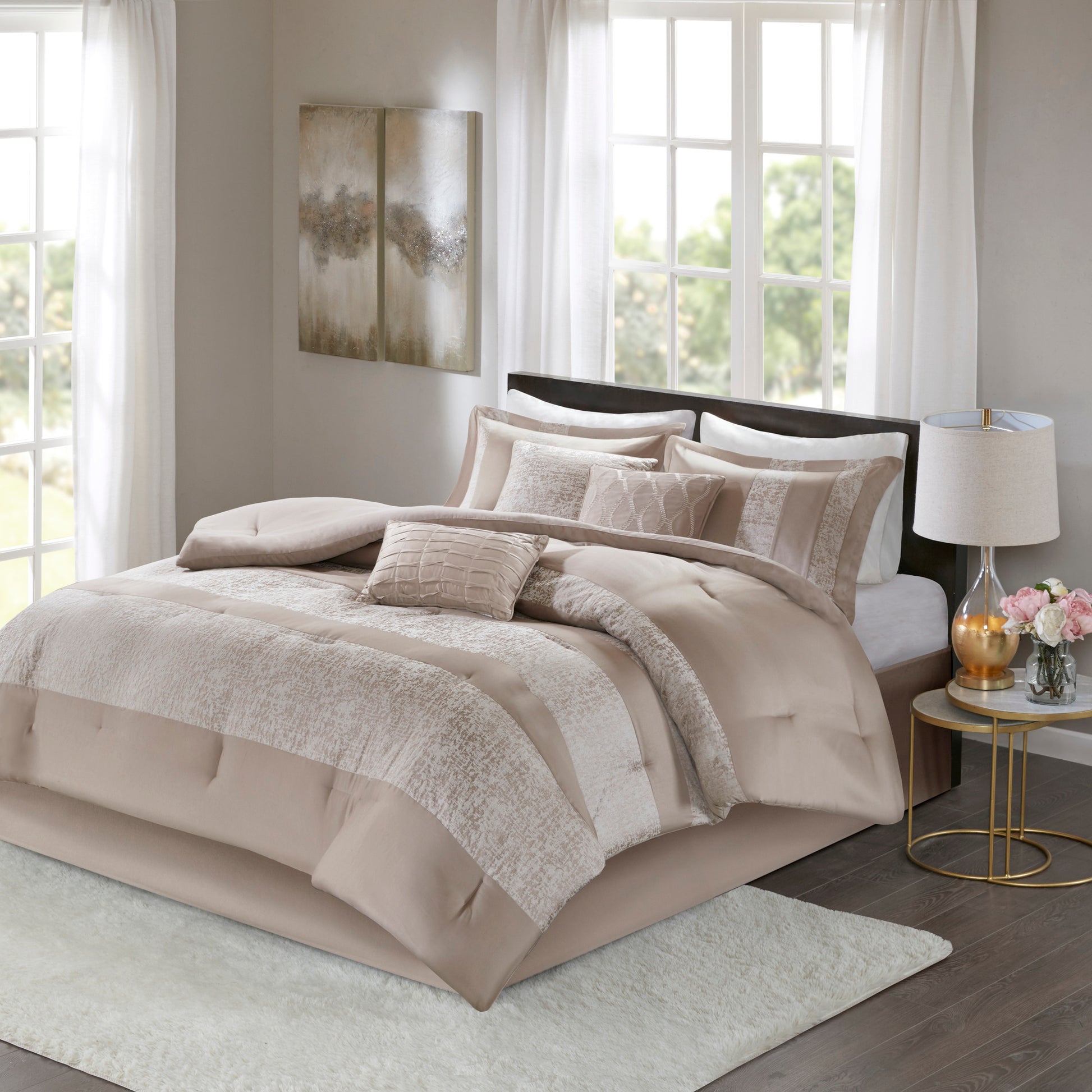 7 Piece Chenille Jacquard Comforter Set Taupe Cal King California King Multicolor Polyester
