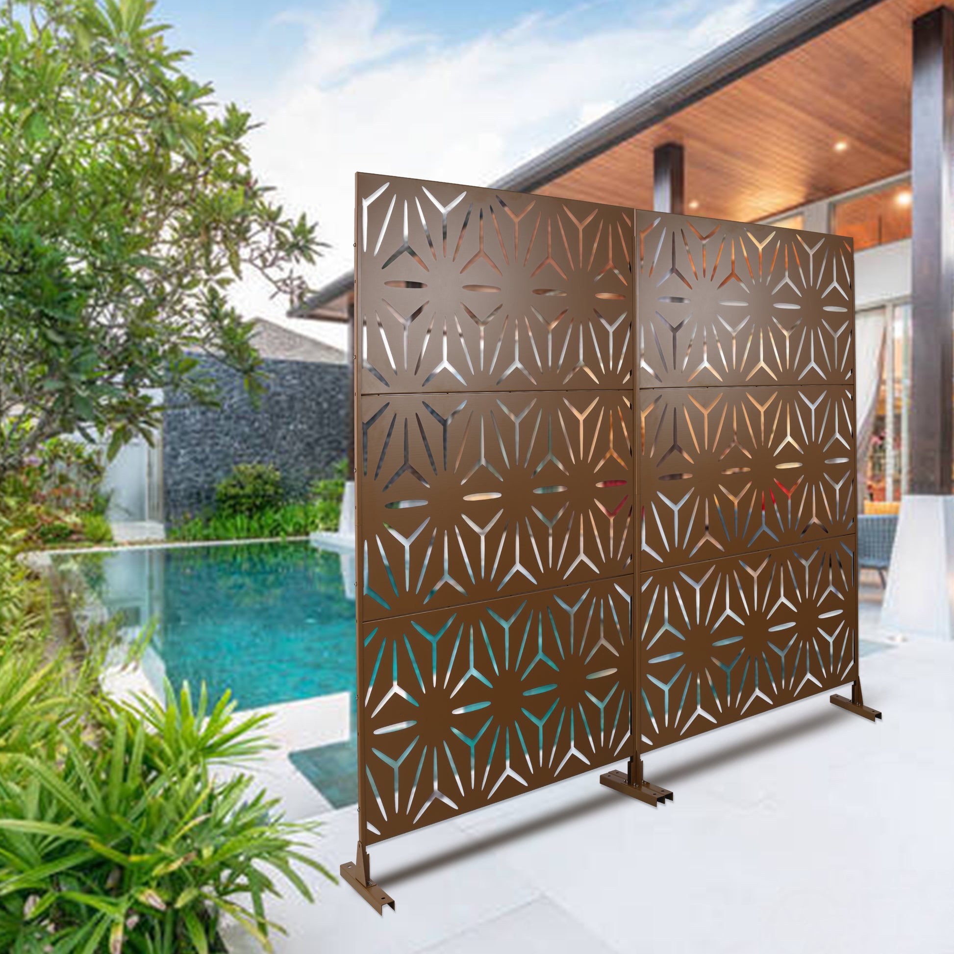 Outdoor & Indoor Privacy Screen Metal Privacy Screen 76" H 48" W, Freestanding Decorative Privacy Screen For Deck Balcony Patio, Privacy Fence Panels For Outside Lawn Garden Ps104 Brown Brown Steel