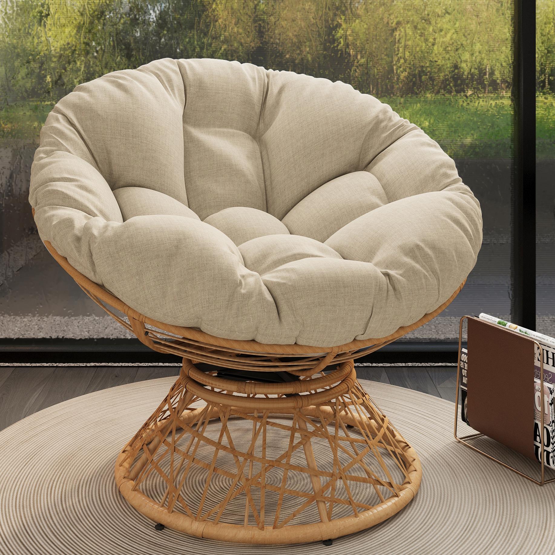 40" Ergonomic Wicker Chair With Cloud Thick Density Fabric Cushion,3 Proof Cover,High Capacity Iron Frame,Fluid 360 Degree Swivel For Reading,Living Room, Bedroom,Lounge,Natural Base,2 Colors