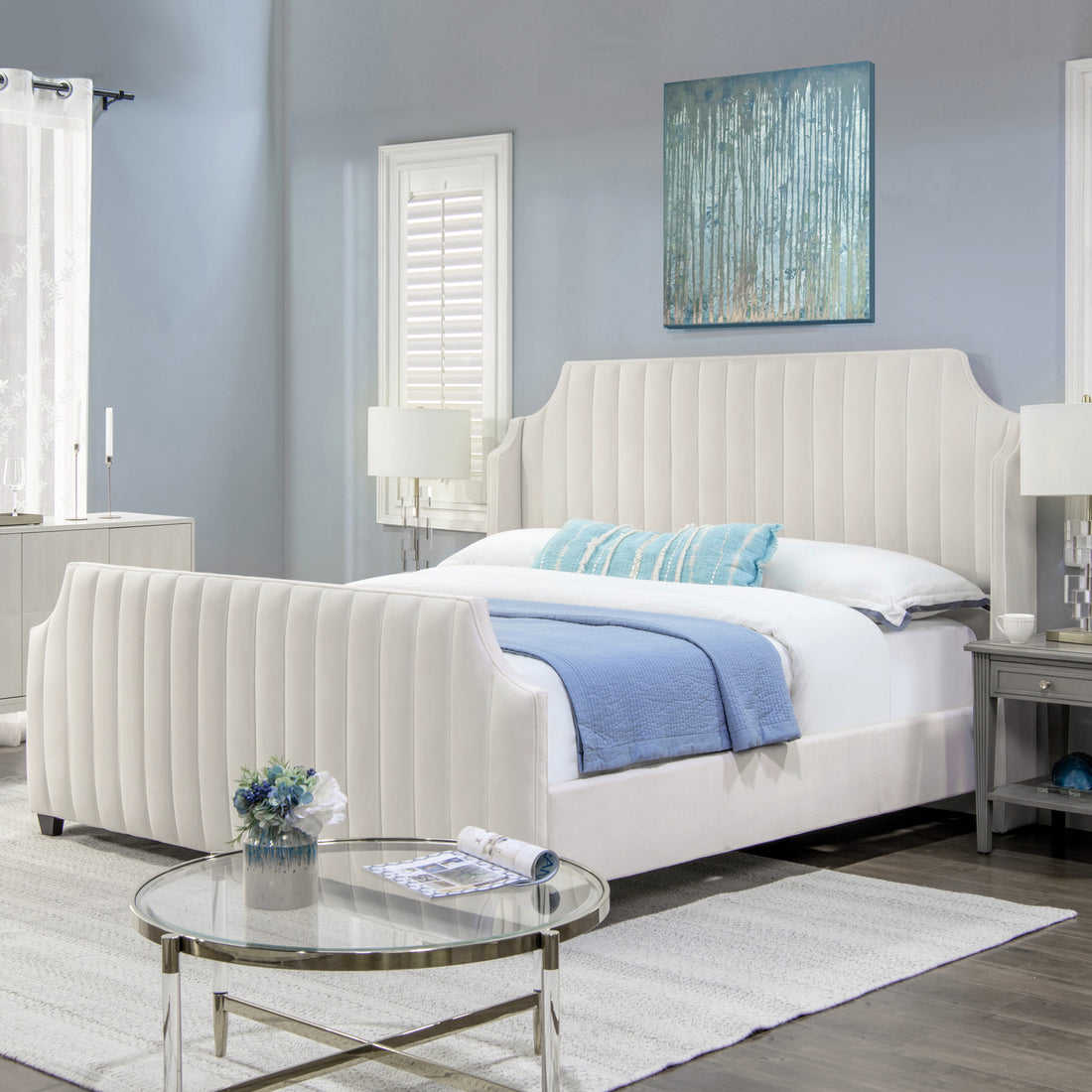 Addison King Channel Tufted Panel Bed Frame, Cloud White Performance Velvet Box Spring Required King White Wood Foam Velvet Velvet
