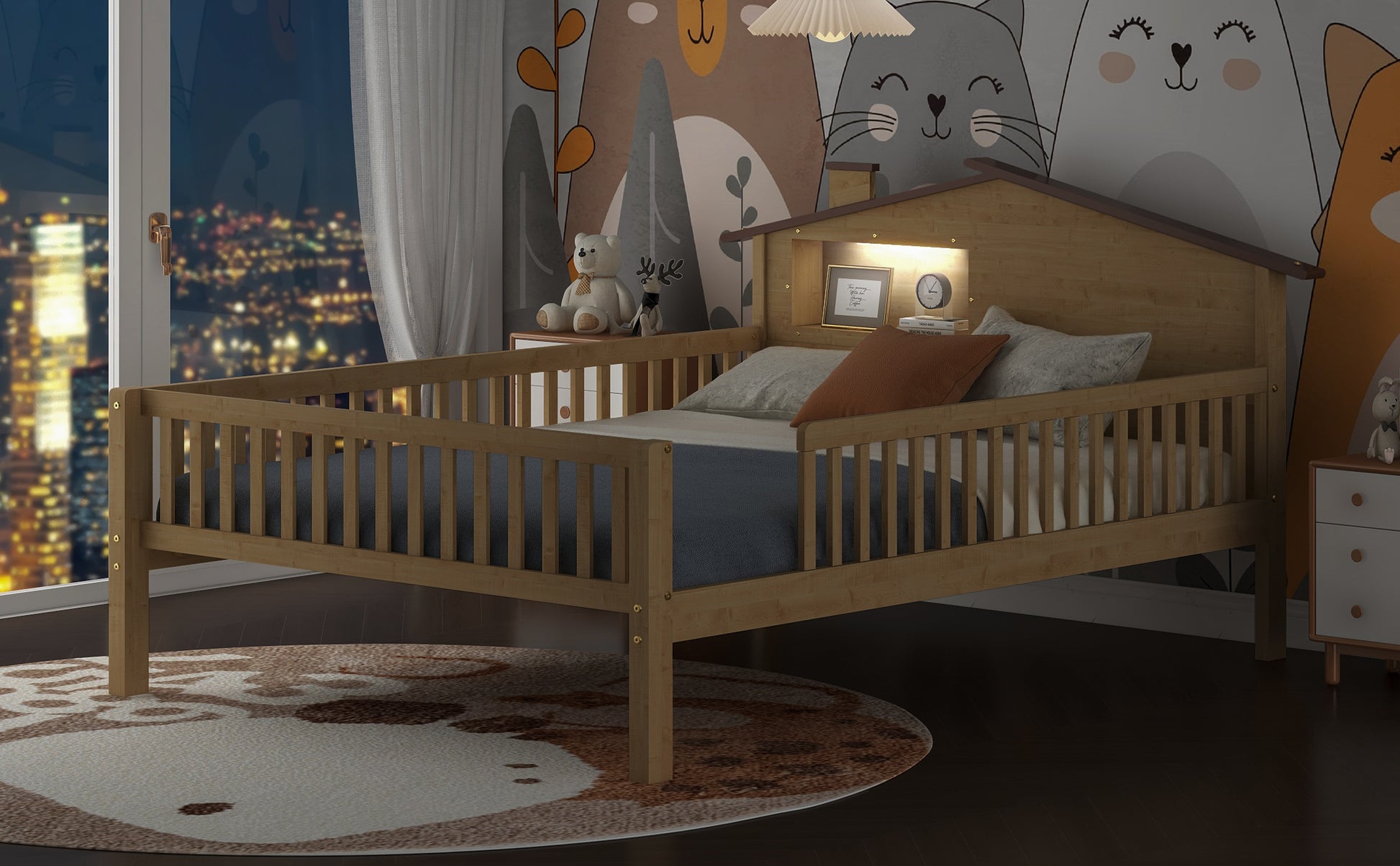 Full Size Wood Platform Bed With House Shaped Headboard, Led And Built In Storage, Natural Box Spring Not Required Full Natural Wood Bedroom Bed Frame Wood