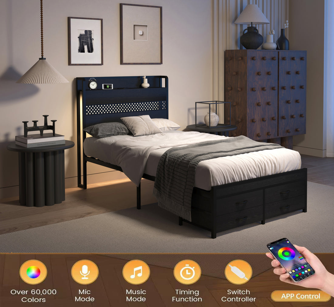 Twin Bed Frames With Headboard, Twin Size Bed Frames With Storage Drawers, Twin Bed, Black Metal Platform Bed Frame, Single Bed Frame, No Box Spring Needed Black Mdf Metal