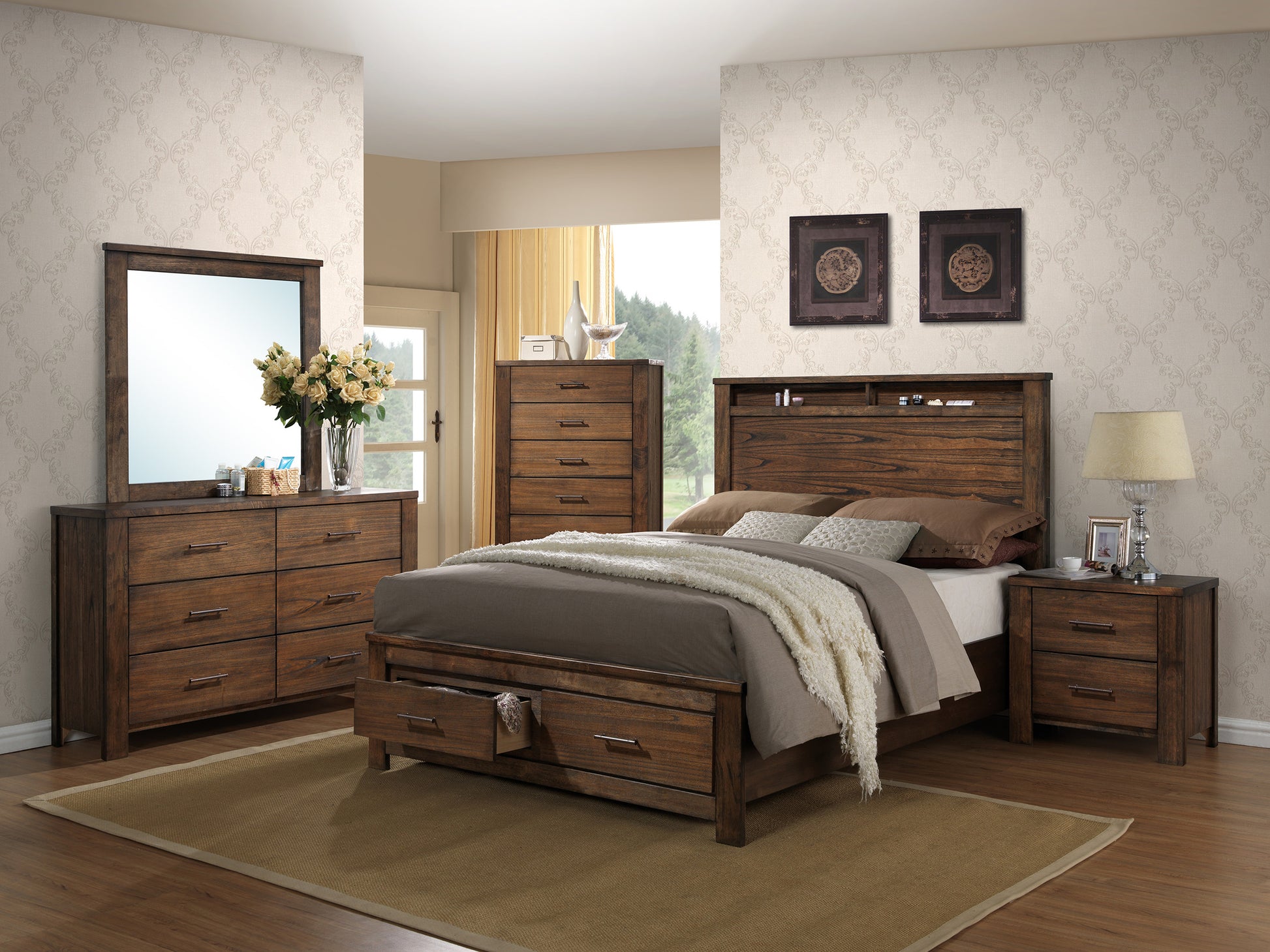 Oak Finish 1Pc Chest Of Drawers Wooden Texture 5X Drawers Storage Bedroom Furniture Oak Bedroom Contemporary,Modern,Transitional Rubberwood Particle Board Mdf,Rubber Wood