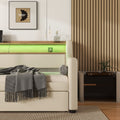 Twin Size Daybed With Trundle, Upholstered Daybed With Charging Station And Led Lights, Beige Twin Beige Pu Leather