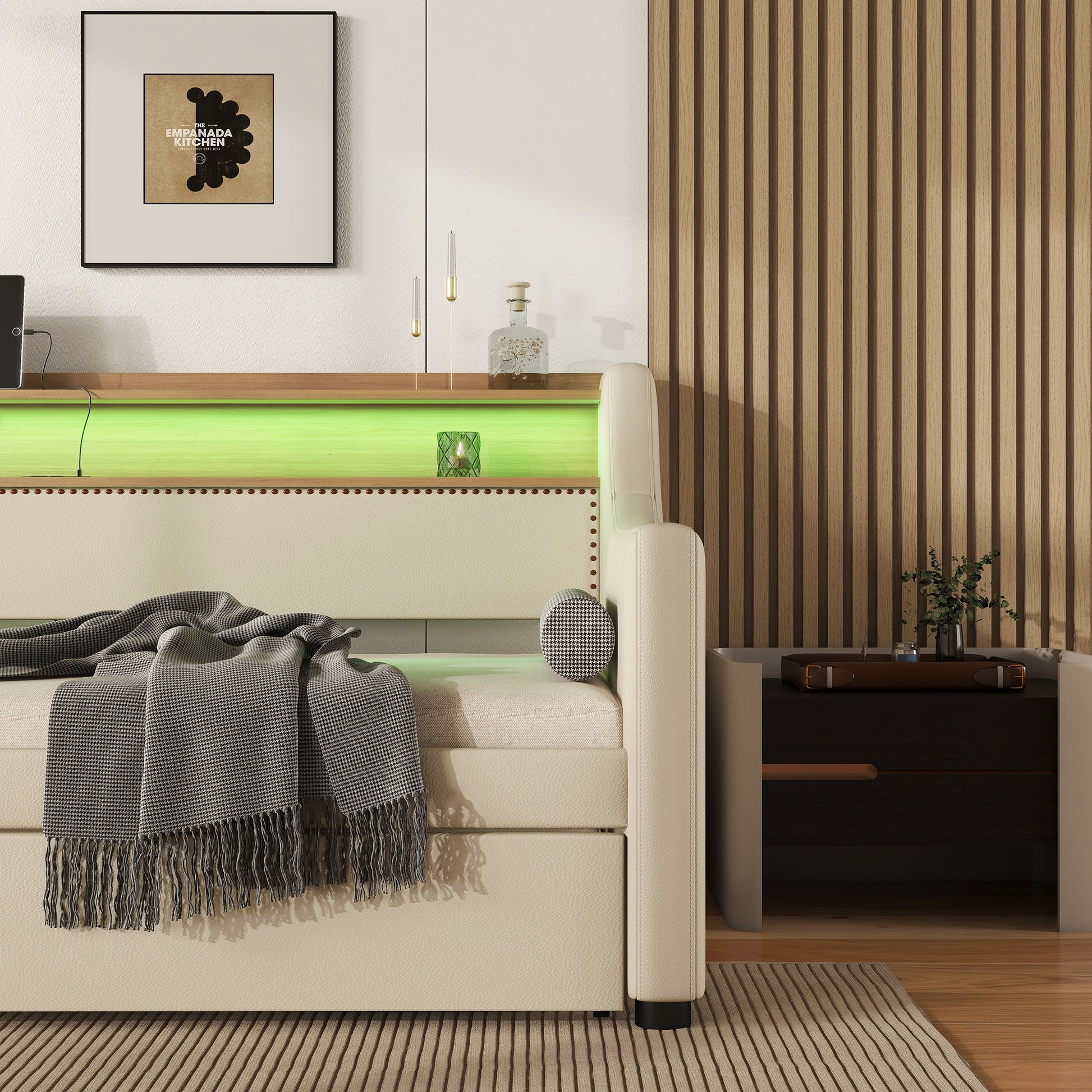 Twin Size Daybed With Trundle, Upholstered Daybed With Charging Station And Led Lights, Beige Twin Beige Pu Leather