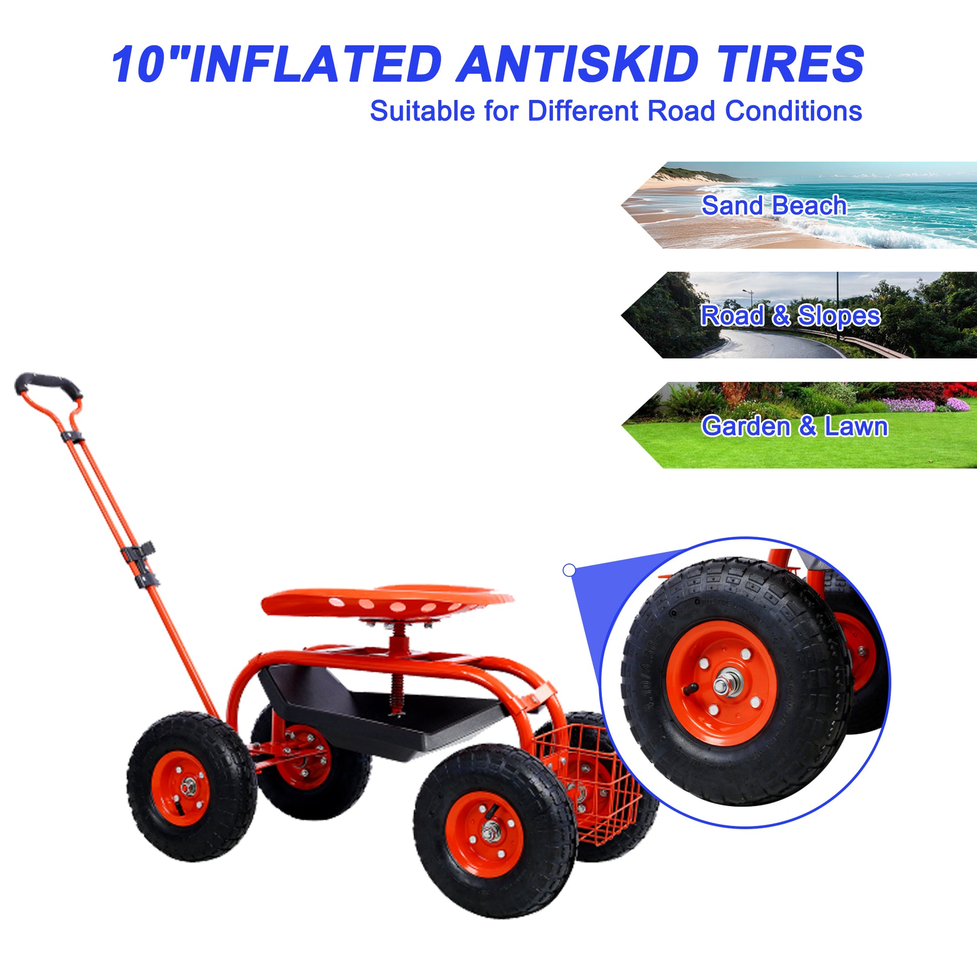 Garden Cart Rolling Scooter, Adjustable Height Heavy Duty Scooter, Rolling Garden Cart With 4 Wheels And Extendable Handle, Garden Stool Cart With 360 Degree Seat And Tool Tray Red Red Garden & Outdoor Iron