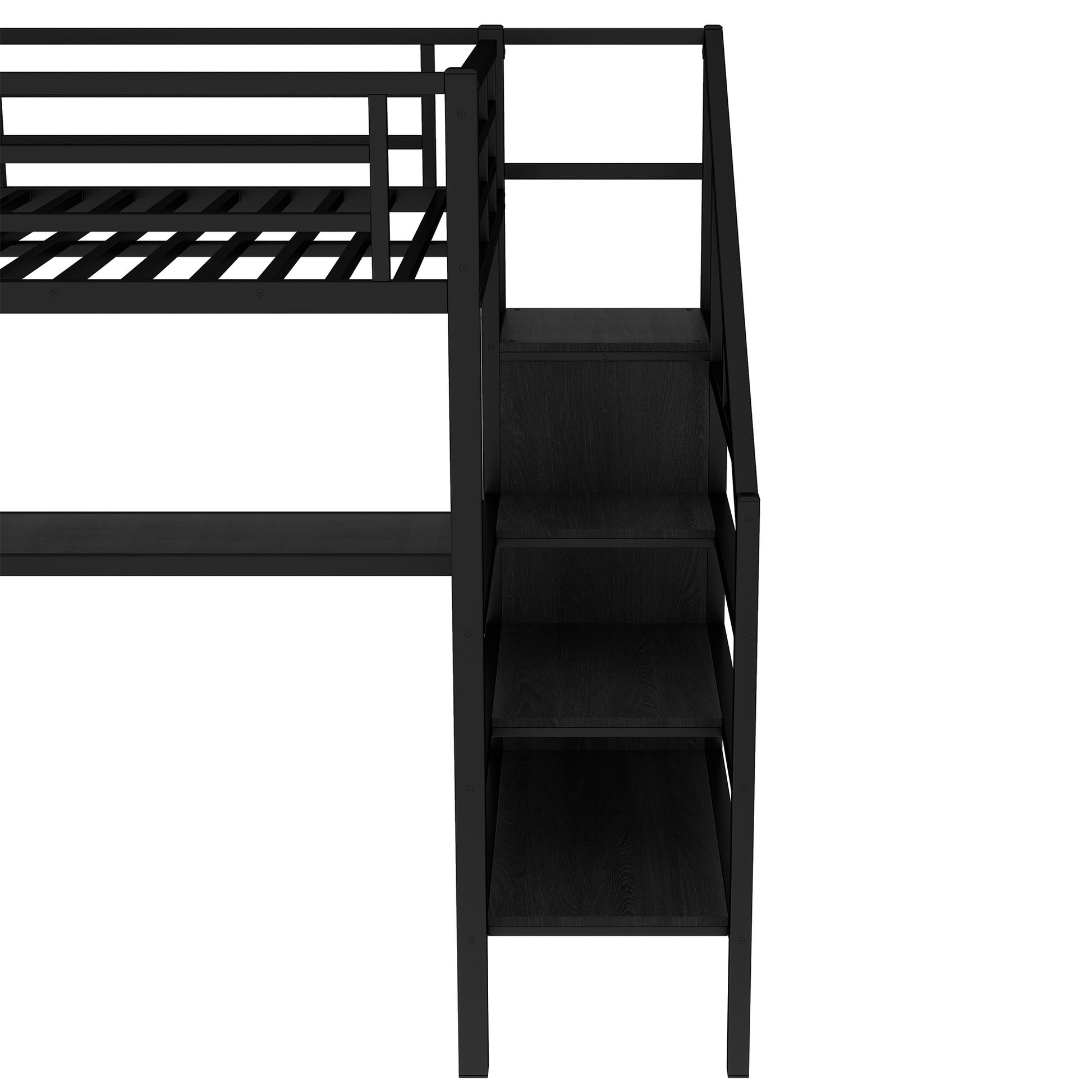 Full Size Loft Bed With L Shaped Desk And Usb, Metal Loft Bed With Wardrobe And Adjustable Shelf, High Loft Bed With Led For Kids Teens Adults, Black Full Black Metal