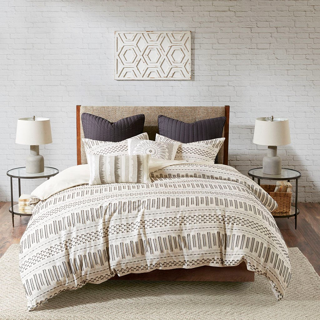 Cotton Jacquard Comforter Mini Set Ivory Charcoal Full Queen Queen Ivory Charcoal Cotton