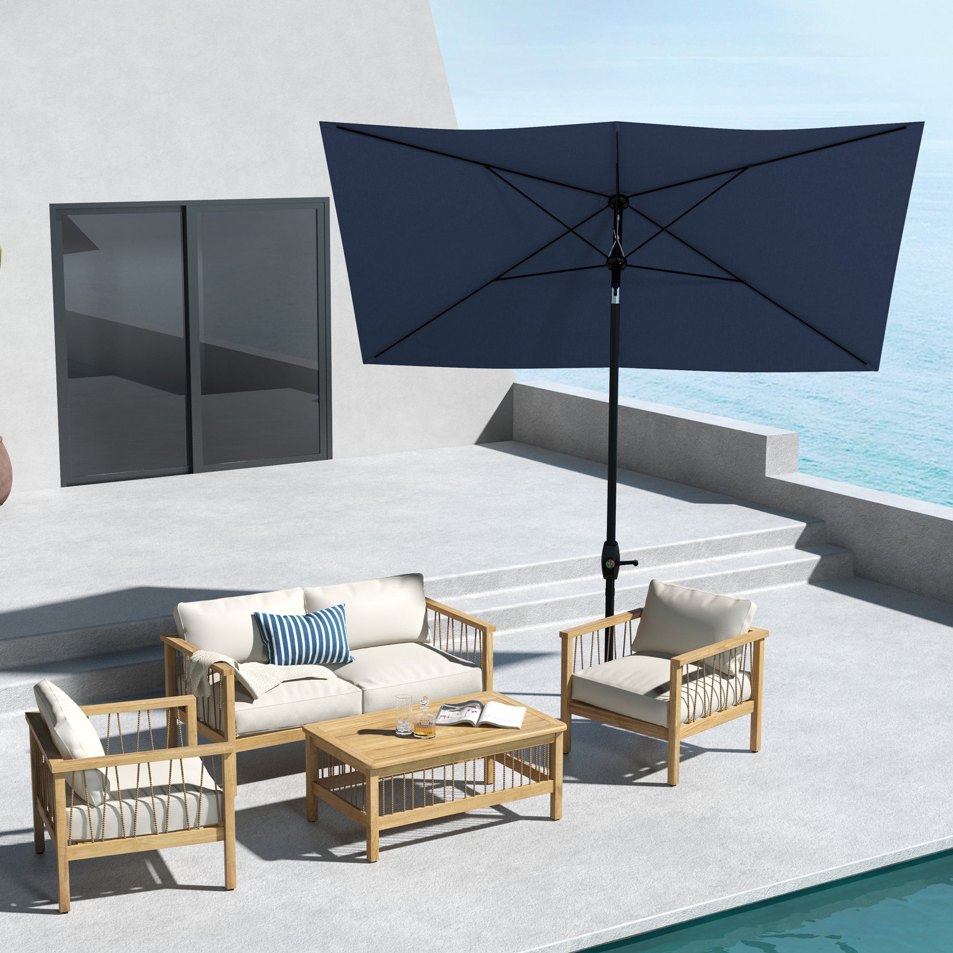 Outsunny 6.5' X 10' Rectangular Market Umbrella, Patio Outdoor Table Umbrella With Crank And Push Button Tilt, Blue Blue Steel