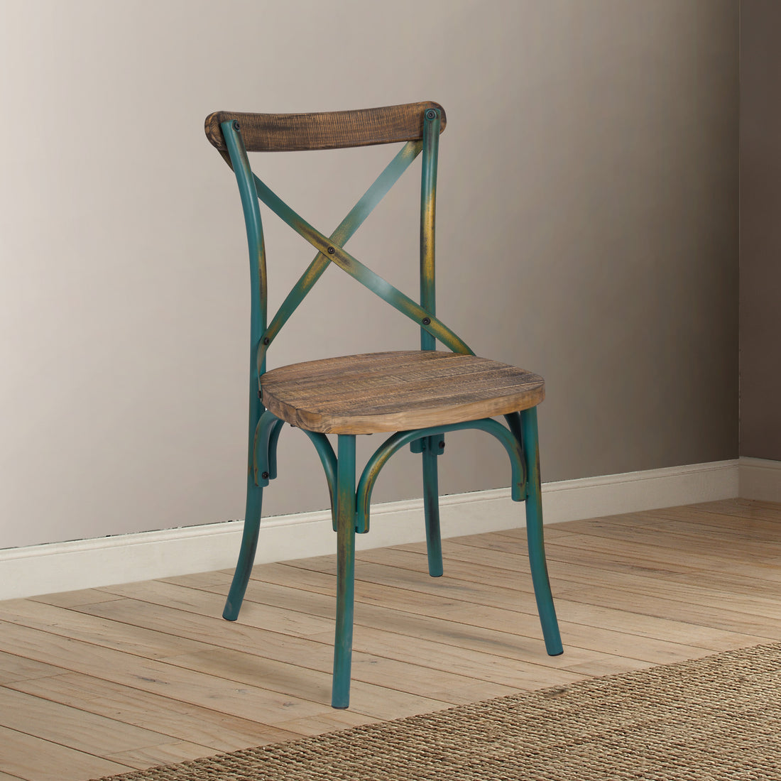 Antique Turquoise And Antique Oak Cross Back Side Chair Turquoise Primary Living Space Rustic Fir Wood Metal