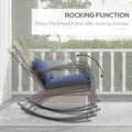 Outsunny Outdoor Wicker Adirondack Rocking Chair, Patio Rattan Rocker Chair With High Back, Seat Cushion, And Pillow For Garden, Porch, Balcony, Dark Blue Blue Rattan