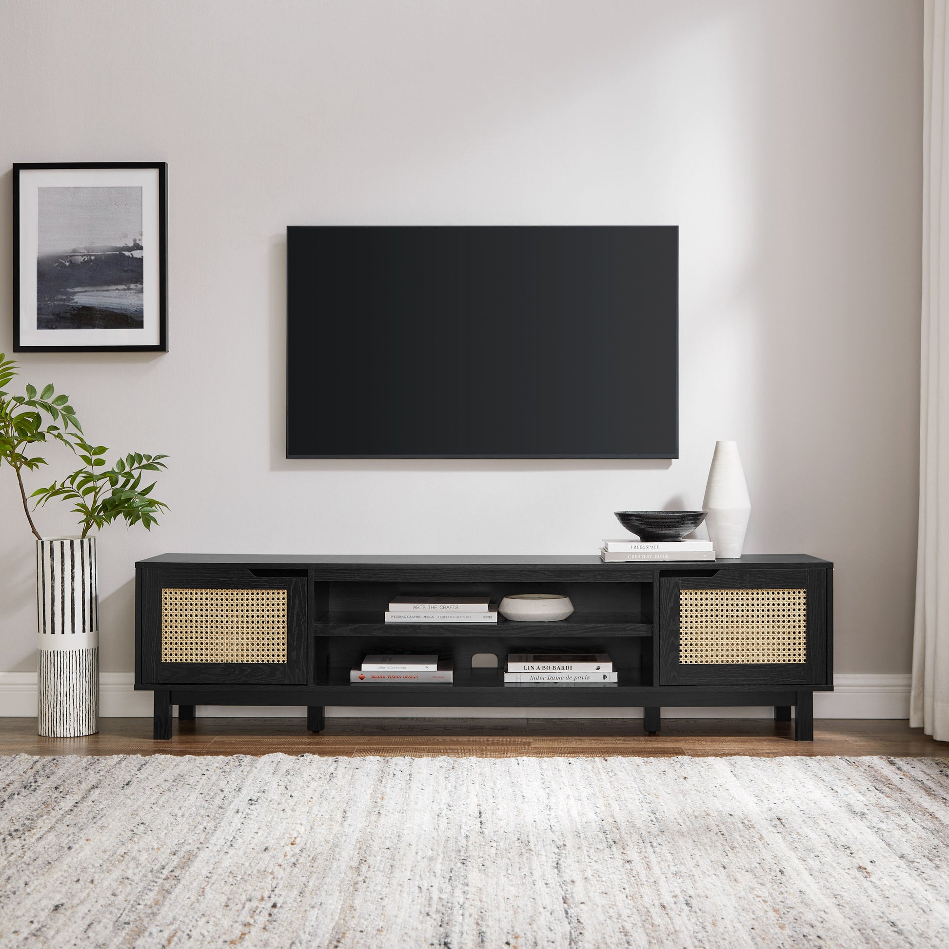 Modern Rattan Door Low Tv Stand For Tvs Up To 80 Inches Black Black 80 89 Inches Mdf Mdf