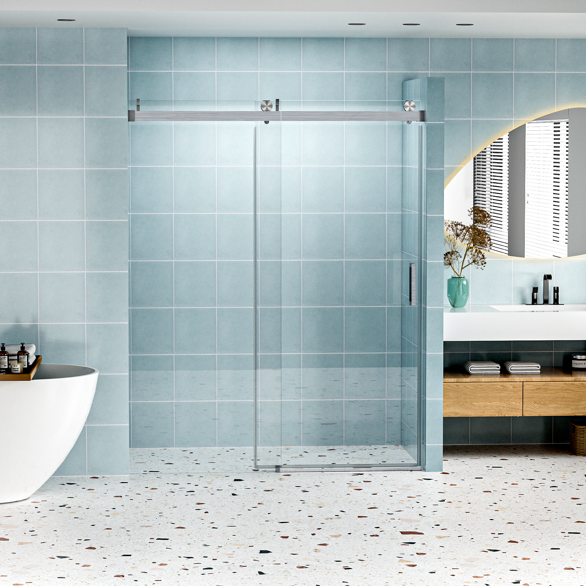 56" 60" W X 76" H Frameless Shower Door Soft Closing Single Sliding, 1 4" 6Mm Tempered Glass With Explosion Proof Coating, 24D01 60Bnx Brushed Nickel Brushed Nickel Bathroom Tempered Glass