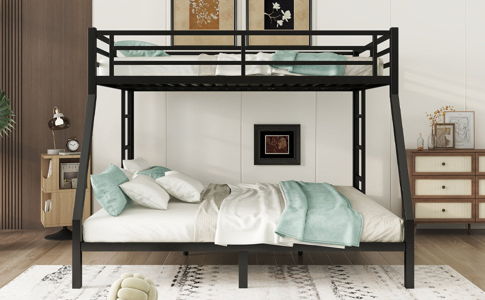 Metal Queen Over King Bunk Bed For Teens And Adults,Space Saving Noise Reduced No Box Spring Needed, Black Black Metal