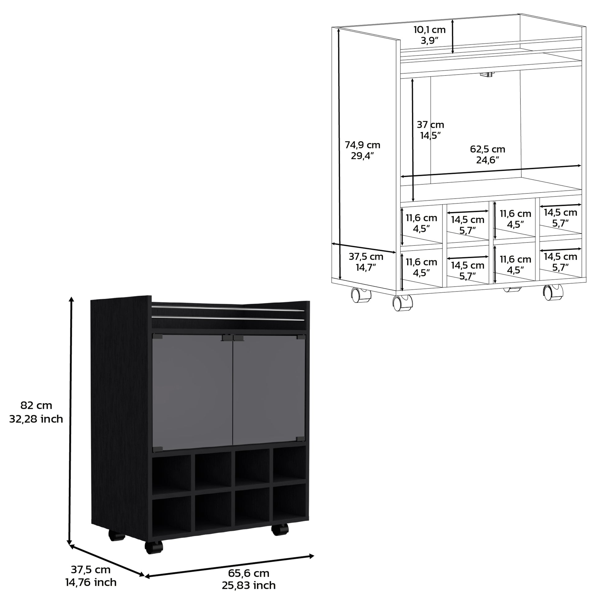 32" H Black Bar Coffee Cart, Kitchen Or Living Room Cabinet Storage With 4 Wheels, With 8 Bottle Racks, A Central Shelf Covered By 1 Galss Door, Ideal For Storing Glasses And Snacks Black Particle