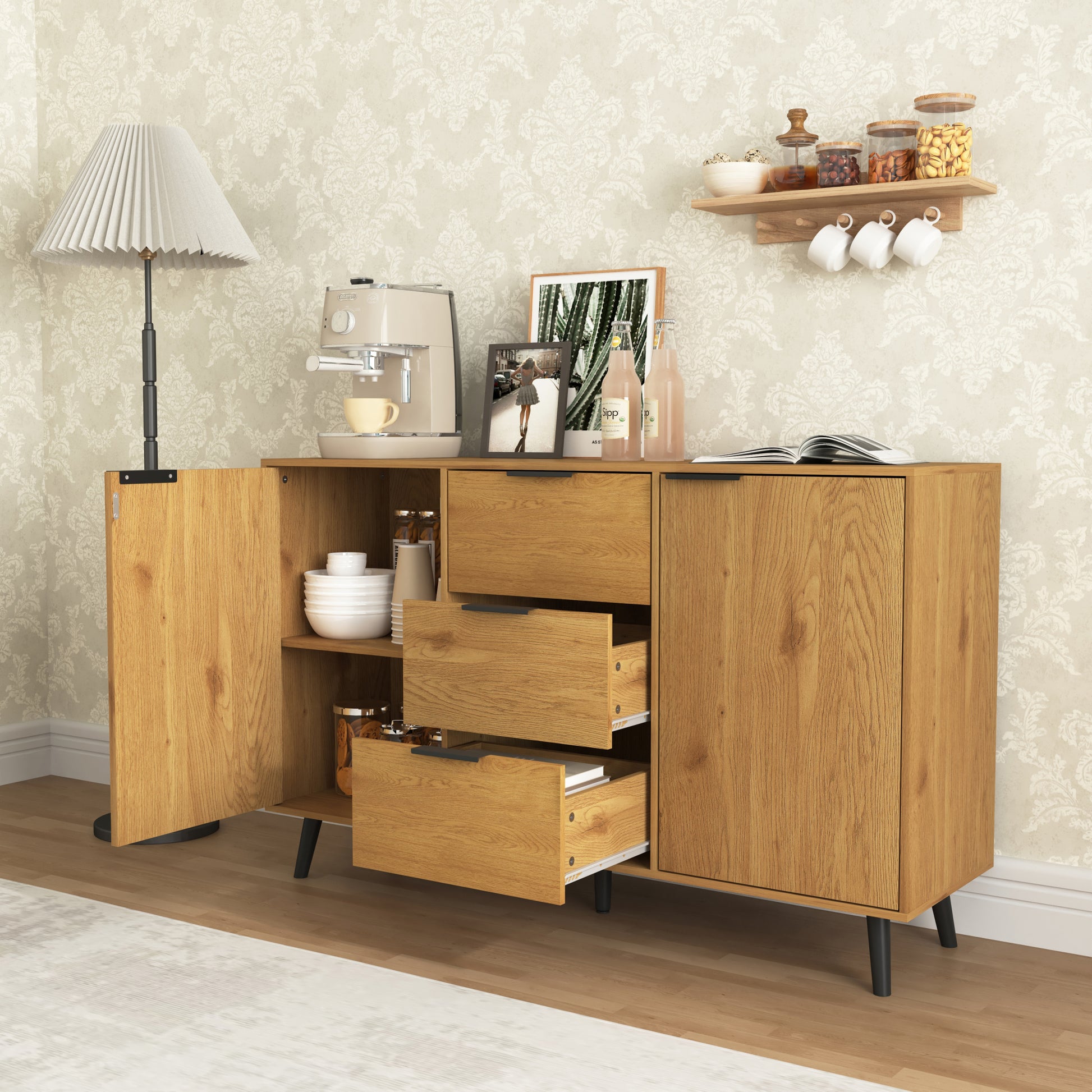 Sideboard Buffet Cabinet With Storage, Wood Coffee Bar Cabinet, 47.2" Kitchen Cabinet With 3 Drawers & 2 Doors, Kitchen Buffet Cabinet Cupboard Natural Wood Color 5 Or More Spaces Natural Particle Board