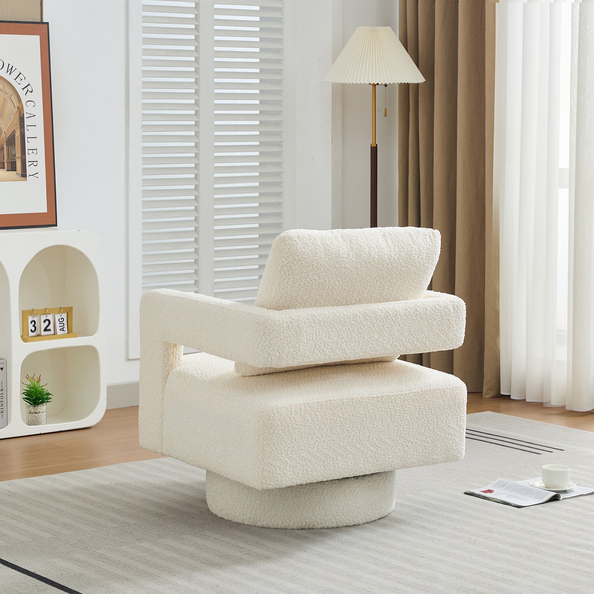 29.13" W Square Swivel Accent Chair, Modern Rotating Arm Chair With Open Back,360 Degree Rotation, Lounge Club Chair With Removable Back Cushion For Living Room, Hotel, Bed Room,Beige Beige Boucle