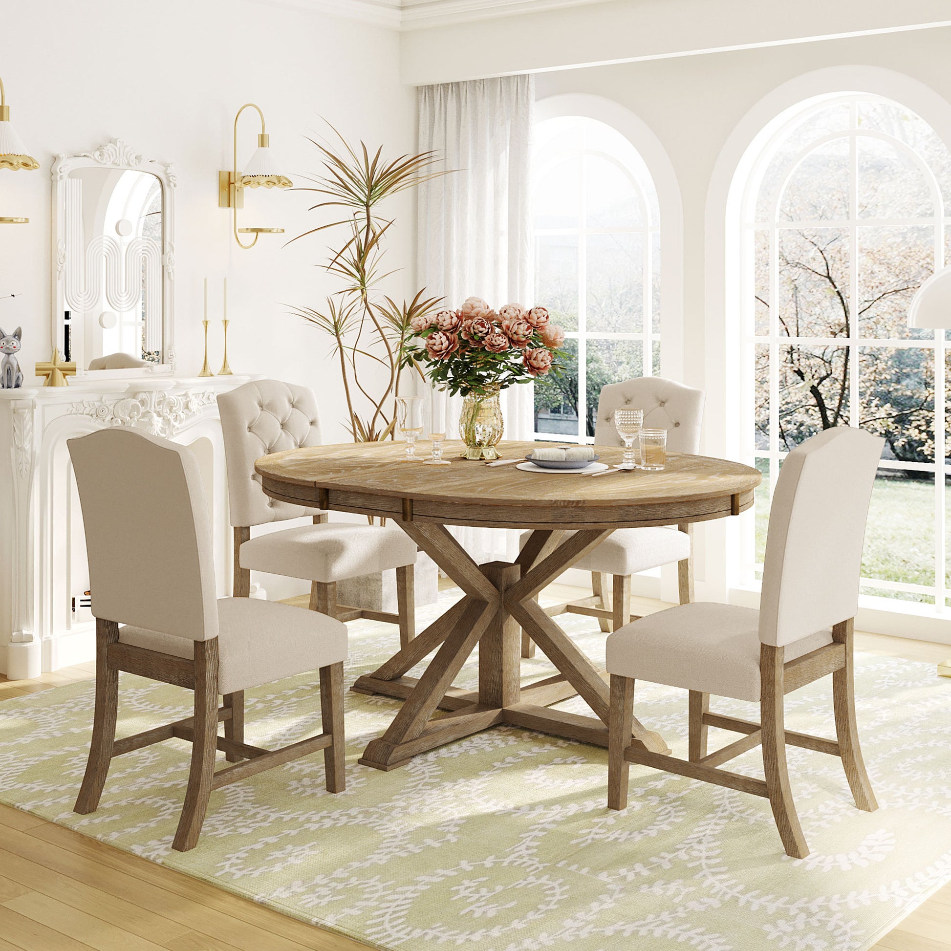 Functional Furniture Retro Style Dining Table Set With Extendable Table And 4 Upholstered Chairs For Dining Room And Living Room Natural Wood Wash Natural Wood Wash Solid Wood