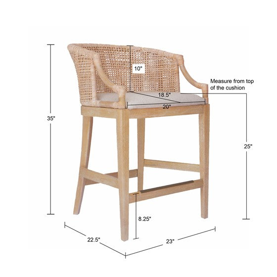 Handcrafted Rattan Counter Stool 25" H Natural Whitewash Polyester