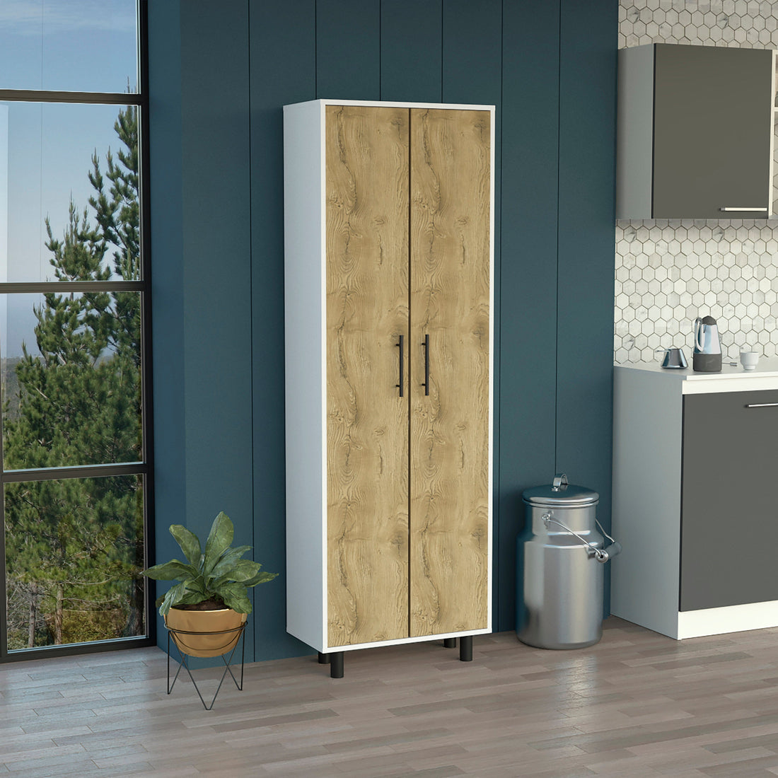 Multistorage Cabinet 71"H, Five Internal Shelves, Two Doors, White Macadamia Multicolor Particle Board Particle Board