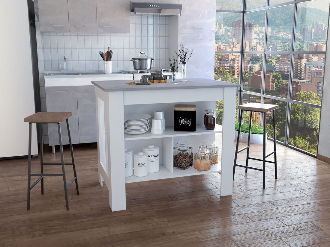 Kitchen Island, Kitchen Table 35" H, Four Legs, Three Open Storage Shelves, White Ibiza Marble Multicolor Particle Board Particle Board