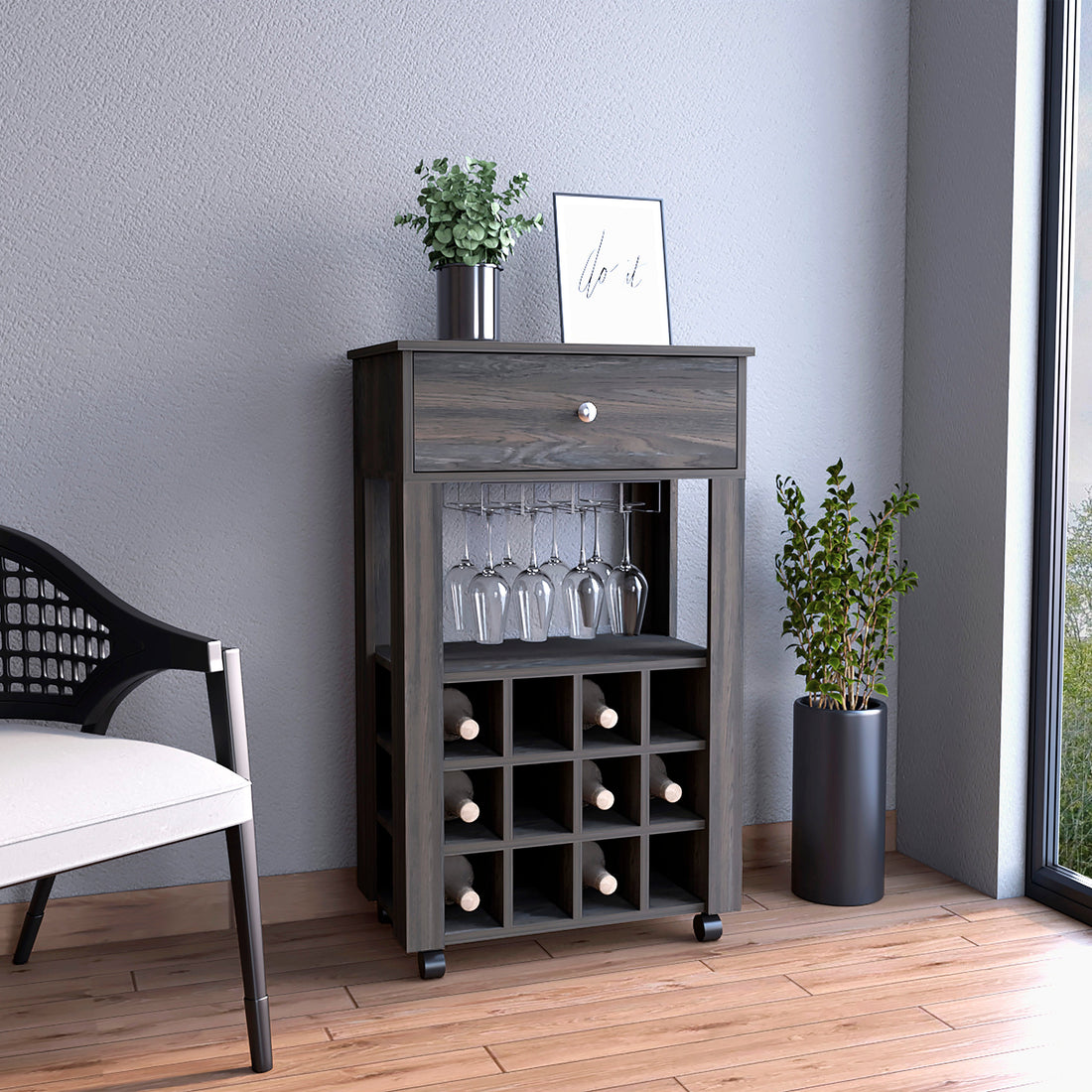 Depot E Shop Margh Bar Cart Drawer, Carbon Espresso Brown Particle Board Particle Board