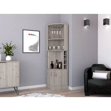 71" H Light Gray Corner Bar Cabinet, With Two Shelves At The Top, 1 Glass Holder, 8 Exterior Bottle Racks, 1 Central Shelf And A Lower Drawer With 2 Side Doors Gray Particle Board Particle Board