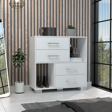 Dresser 35"Htwo Open Shelves, Four Drawers, Metal Handles, White White Particle Board Particle Board