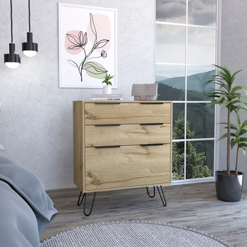 Light Dresser 35"H, Three Drawers, Superior Top, Hairpin Legs, Light Oak Beige Particle Board Particle Board
