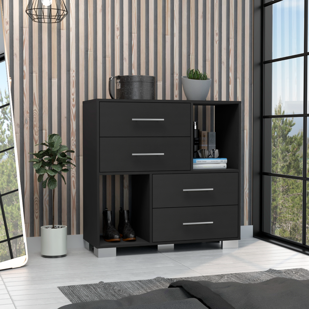 Dresser 35"Htwo Open Shelves, Four Drawers, Metal Handles, Black Black Particle Board Particle Board